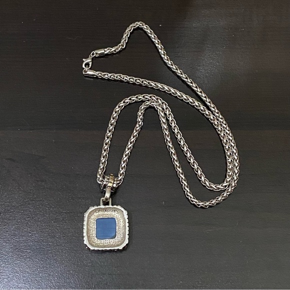 Unsigned Silver-tone Spiga Wheat Chain with Blue Stone Pendant  30” Necklace - Picture 6 of 14